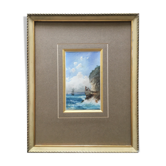 Watercolor painting Pierre Comba (1859-1934) Marine animated coast edge