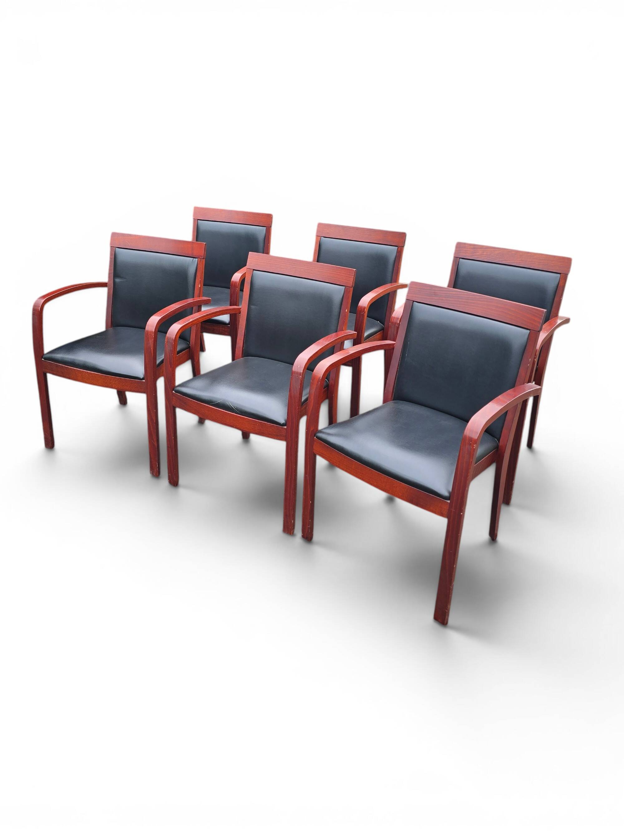 6 contemporary bridge chairs in mahogany wood and black leather