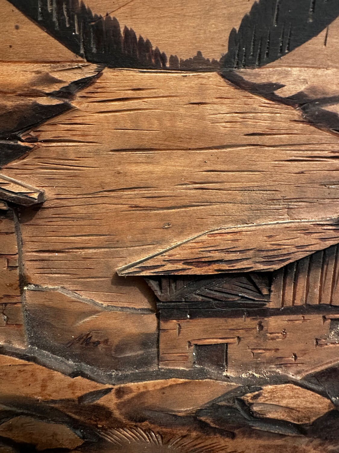 Tableau Alpin vintage années 50 - Sculpté et Pyrogravé - Ambiance Chal