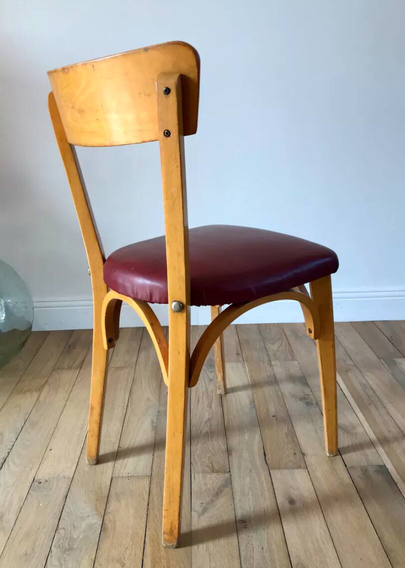 Set of 6 Luterma bistro chairs in blond wood and skaï 50s