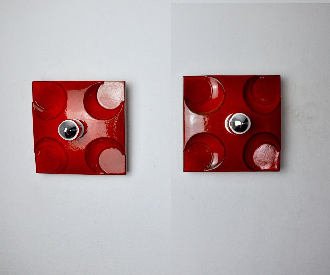 Pair of Fat Lava wall lamps by Hustadt Leuchten, Orange ceramic, Germany, 1960