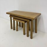 Set of nesting tables solid oak wood brutalist , 1970s