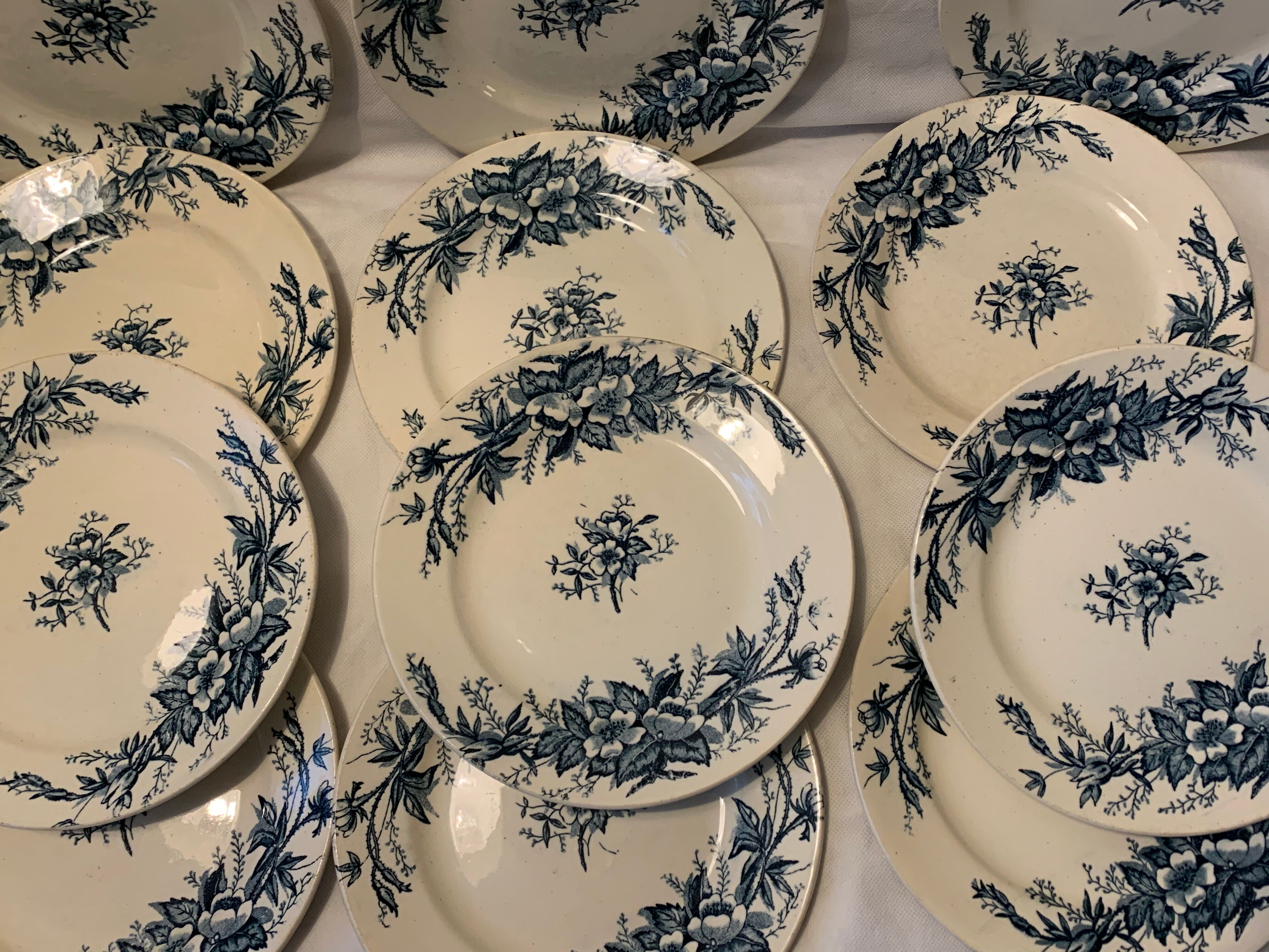 Set of 12 old blue dessert plates Eglantines, Iron Land, HB and Co.