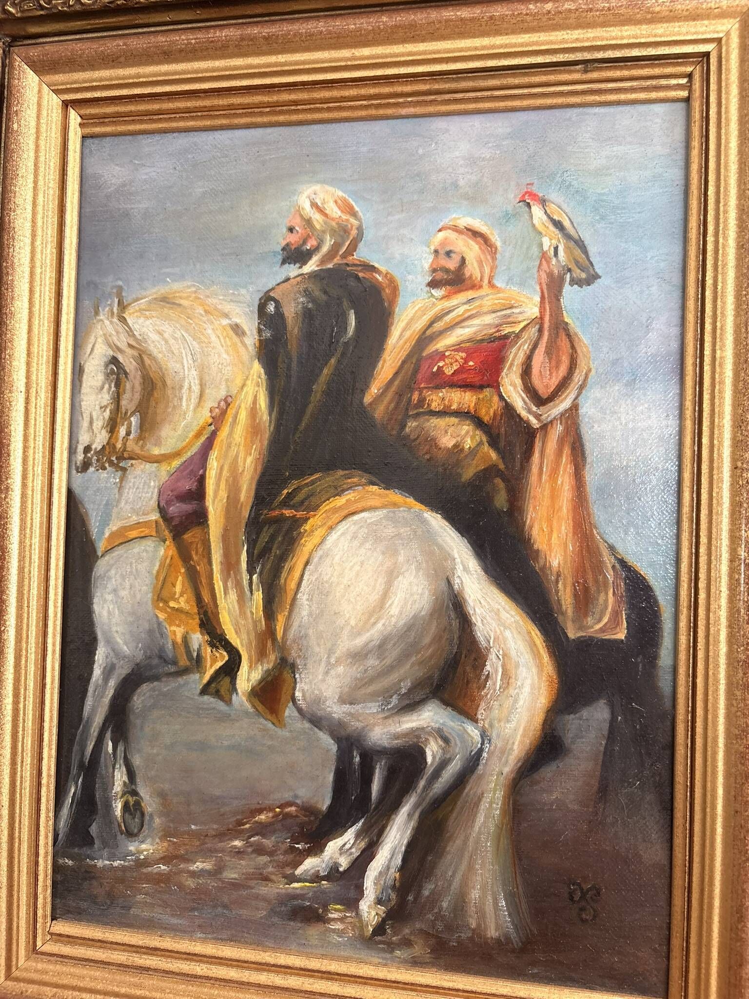 Oil Painting Canvas Orientalist Horseman Falcon Arab Hunting