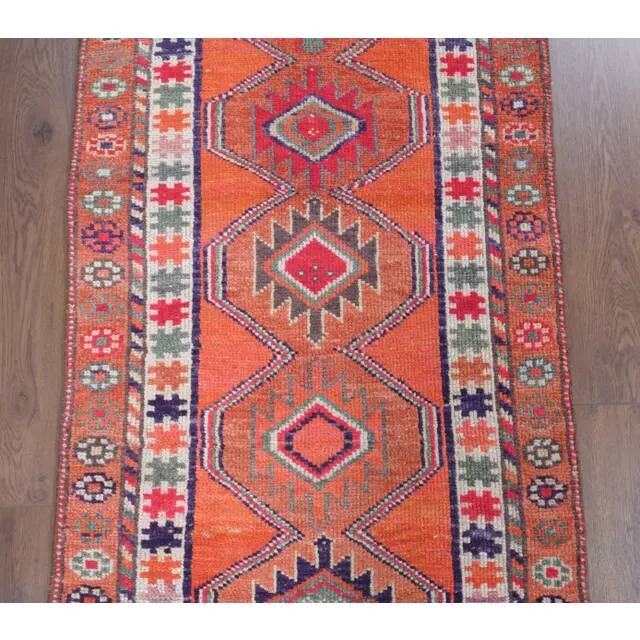 Vintage Turkish Oushak handmade wool cotton orange runner rug 83x336