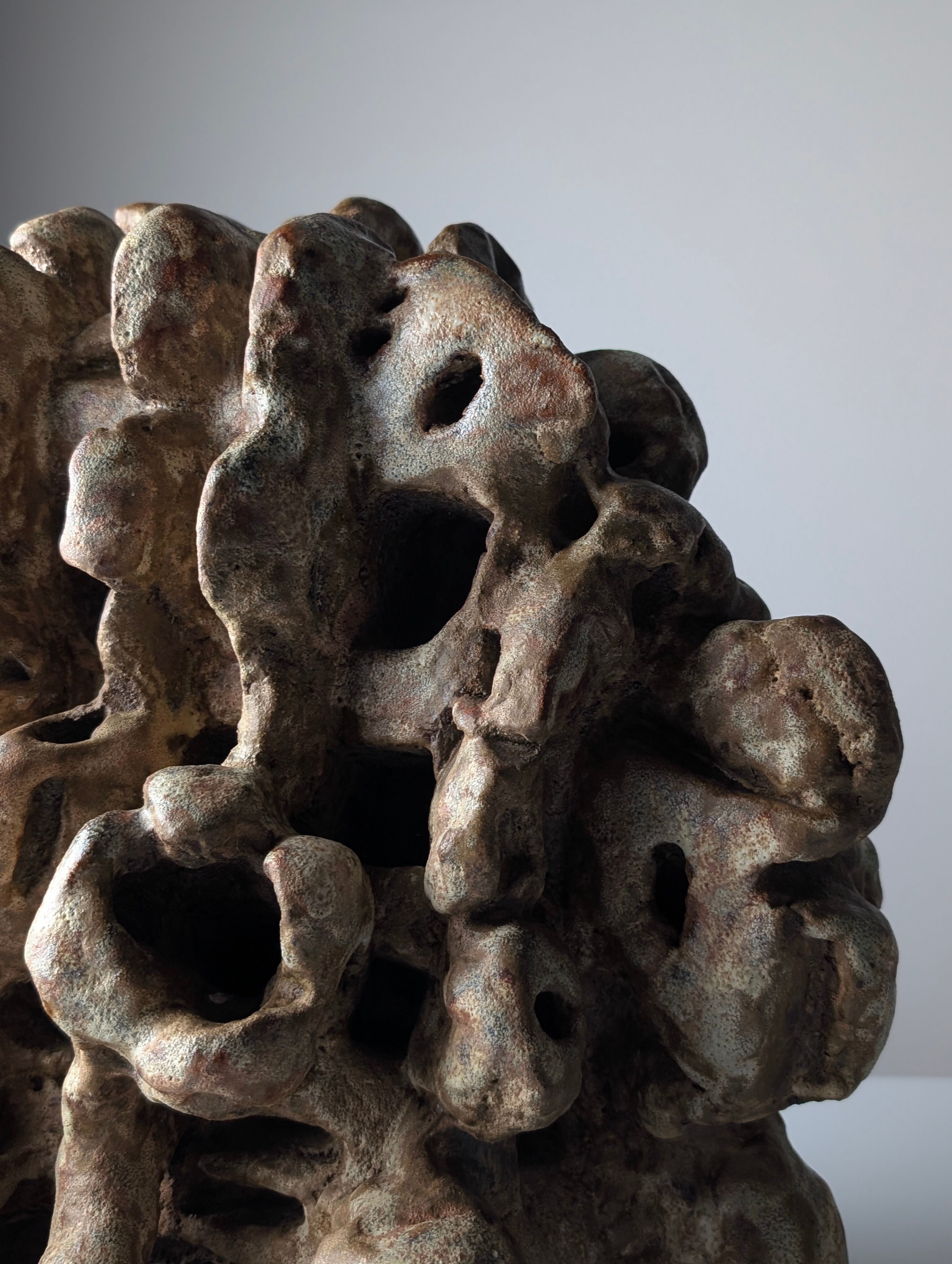 Large organic glazed stoneware sculpture with coral shapes, signed, 2002