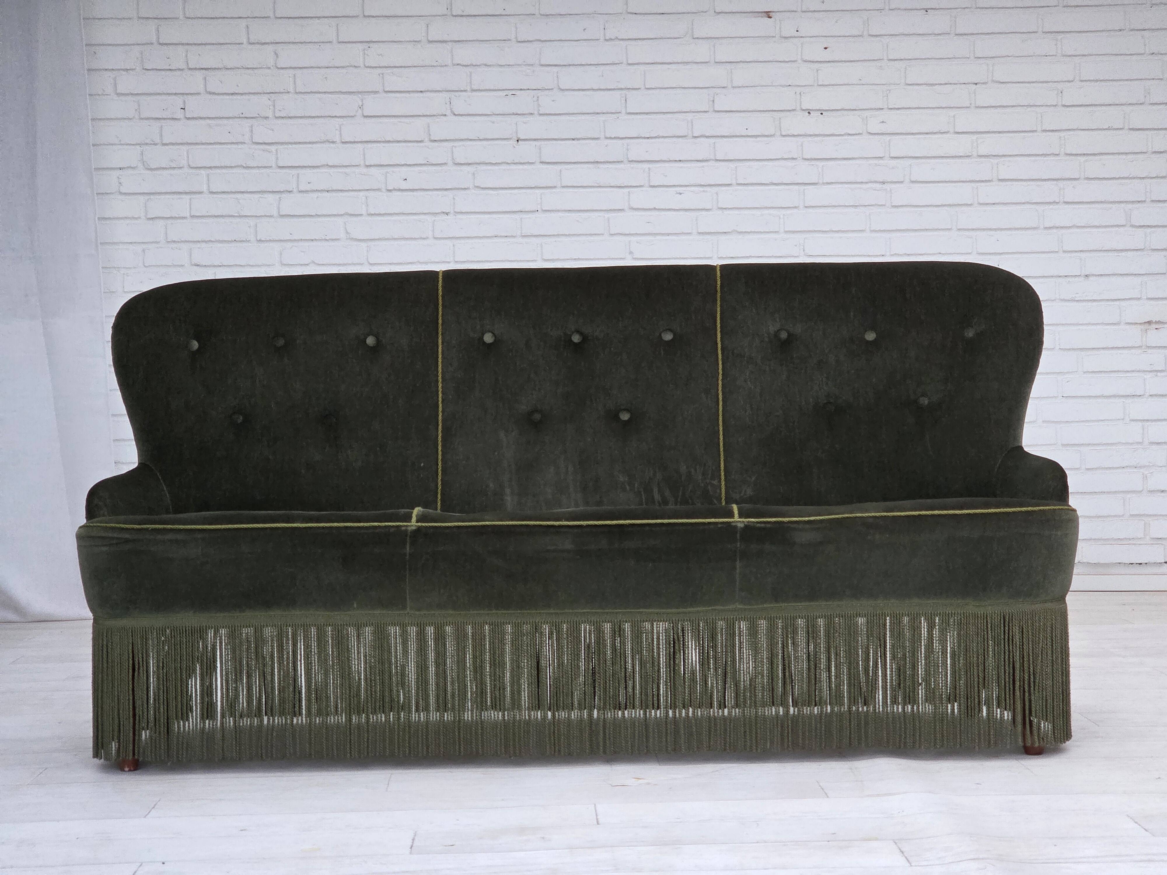1970s, Danish 3-seater sofa, furniture velour, beech wood legs.