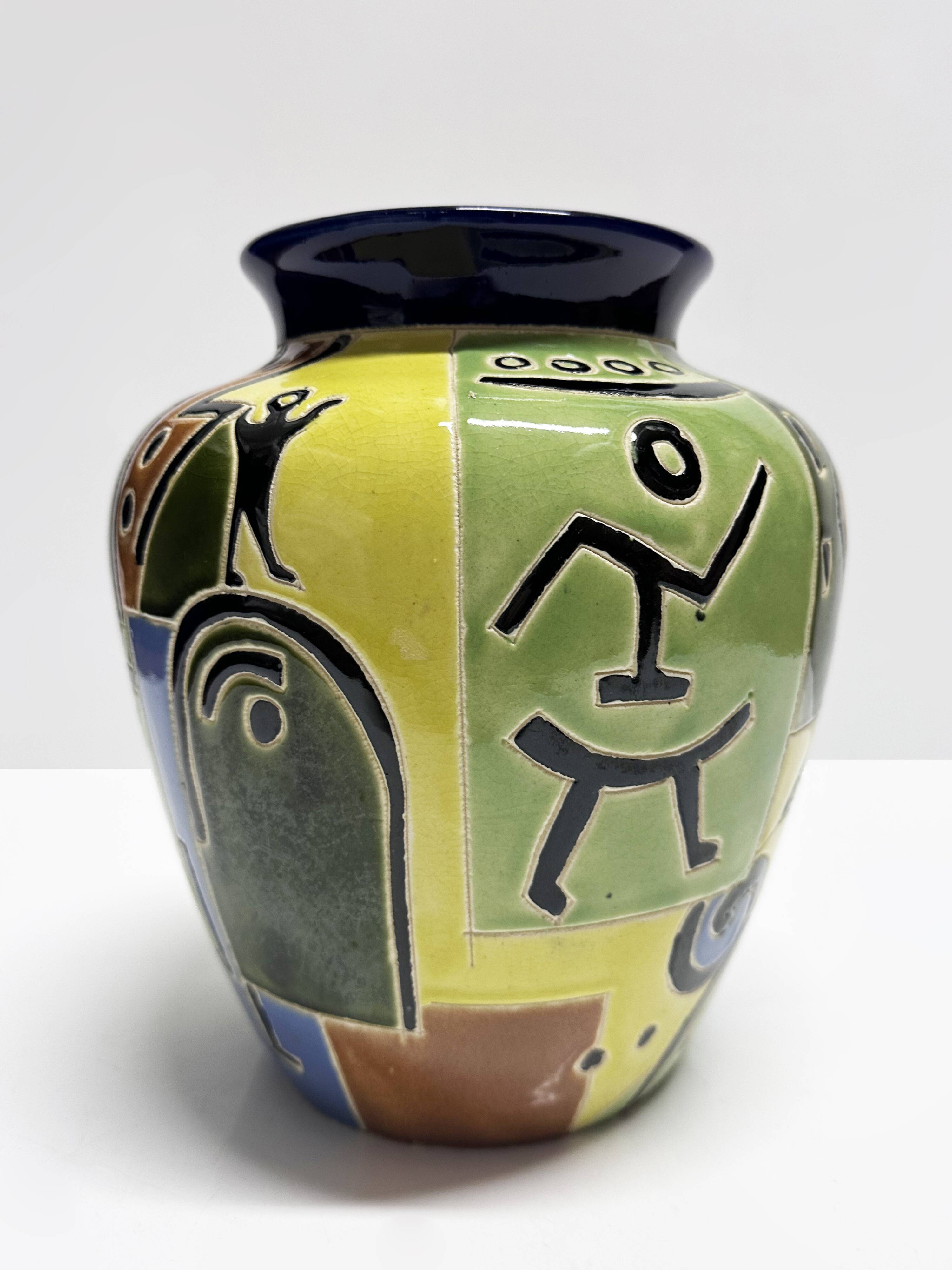 Glazed ceramic vase with Africanist decoration, France 1980s.