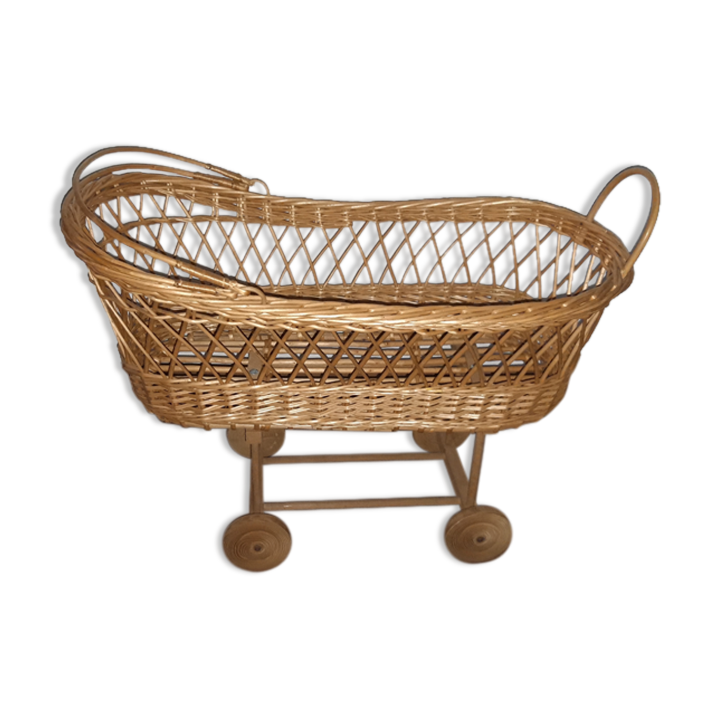 Vintage wicker cradle with wheels