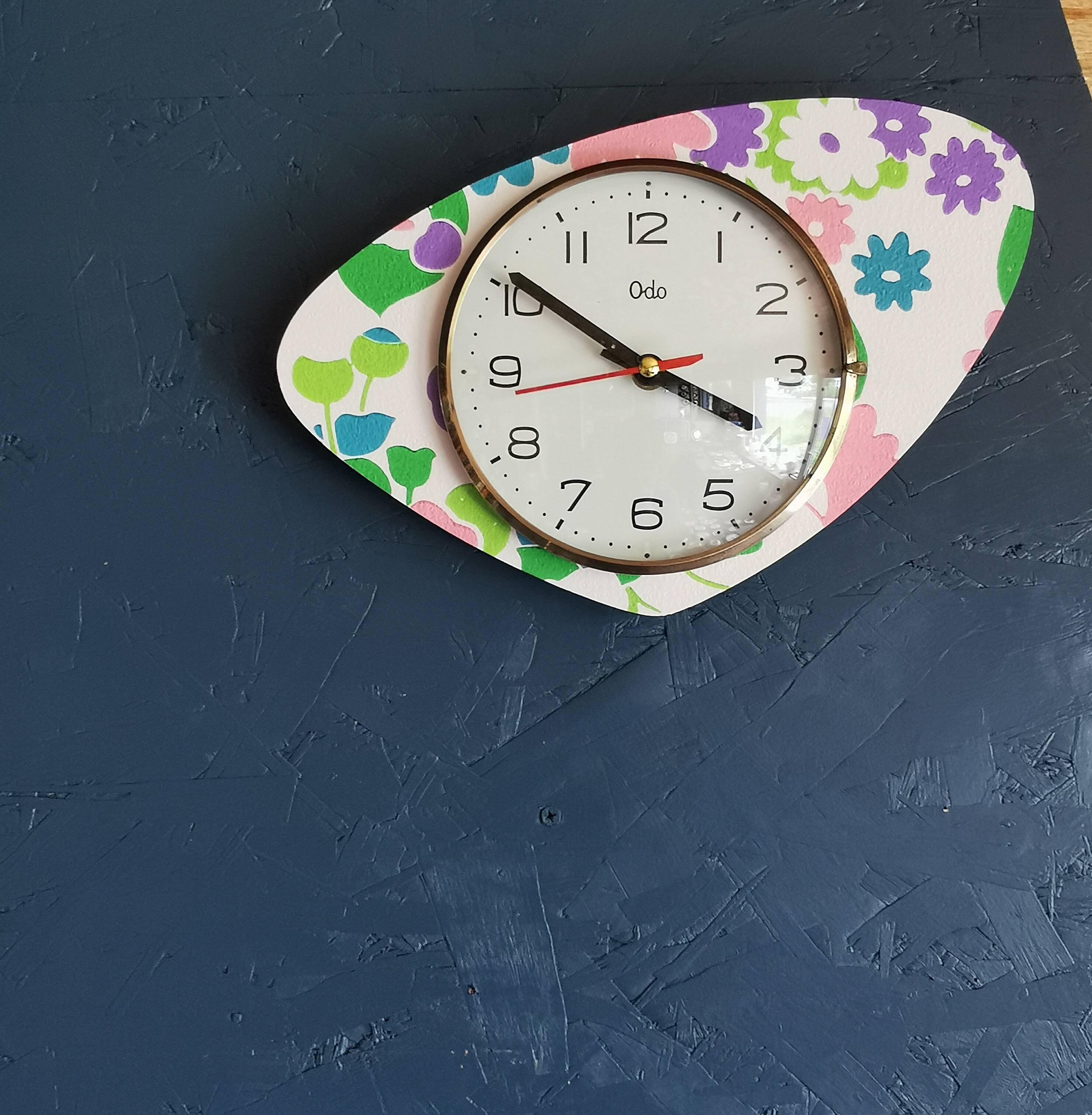 Vintage silent asymmetrical wall pendulum clock "Purple green pink flowers"