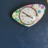 Vintage silent asymmetrical wall pendulum clock "Purple green pink flowers"