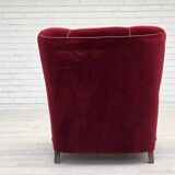1950s, Danish relax armchair, cherry-red furniture velour, dark beech wood.