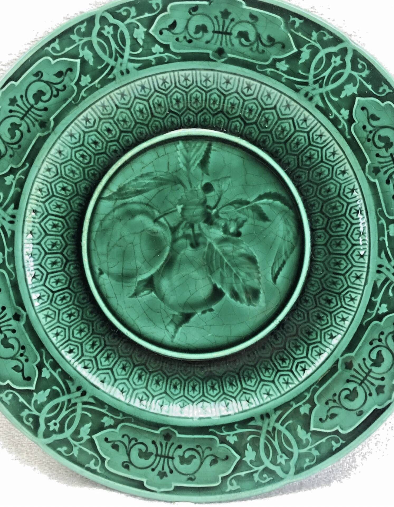 3 fruit plates Sarreguemines majolica shaded enamel Rubelles