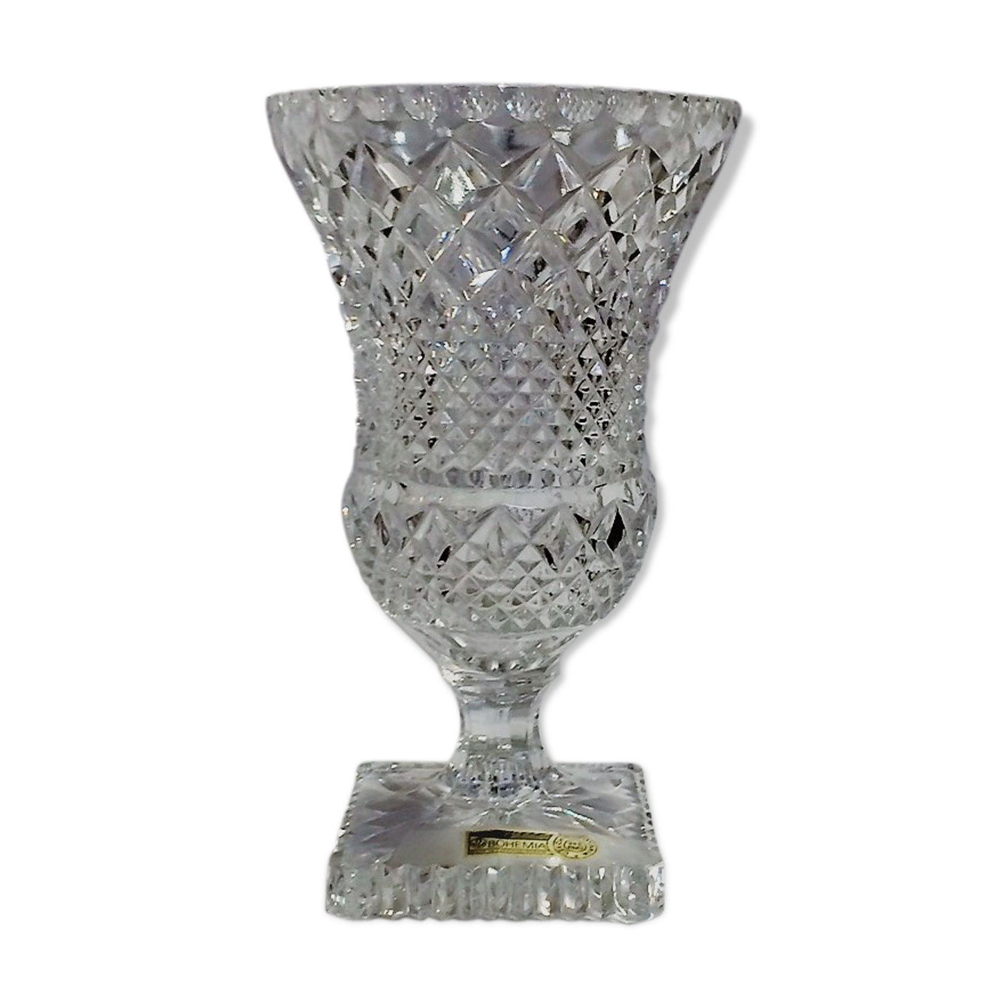 Vase in crystal medici on foot square with label Bohemia