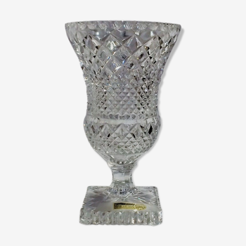 Vase in crystal medici on foot square with label Bohemia