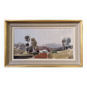 Mid-Century Modern Swedish "Breezy" Vintage Landscape Oil Painting, Framed