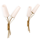 Pair of vintage XL wall sconces, brass and curved opaline, France 1960.