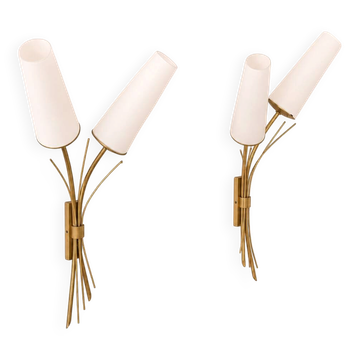 Pair of vintage XL wall sconces, brass and curved opaline, France 1960.