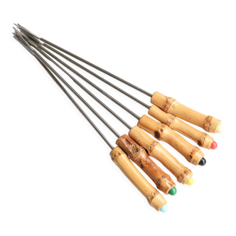 Six fondue forks bamboo handle