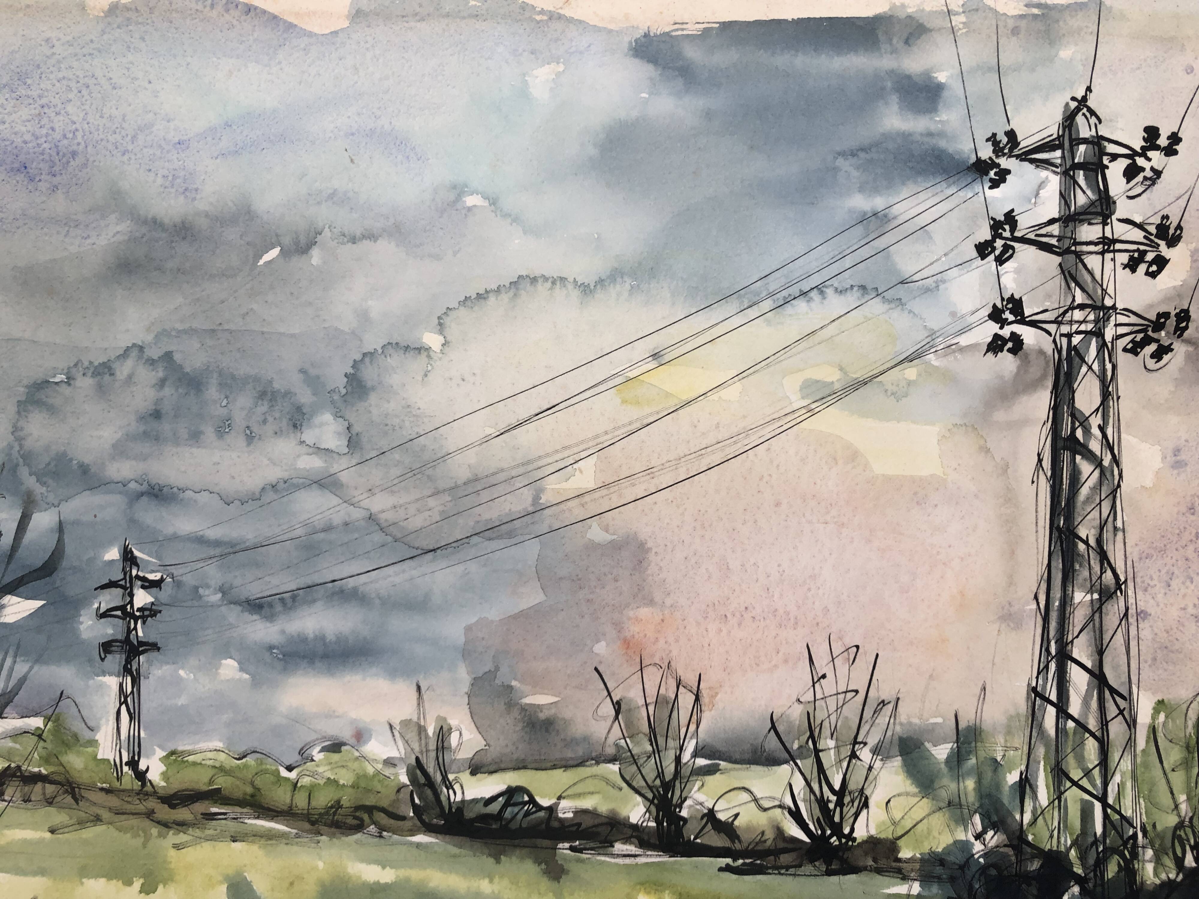 Watercolor & black ink landscape of villecresnes 94 val de marne, pylons, signed suzel calembert