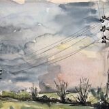 Watercolor & black ink landscape of villecresnes 94 val de marne, pylons, signed suzel calembert