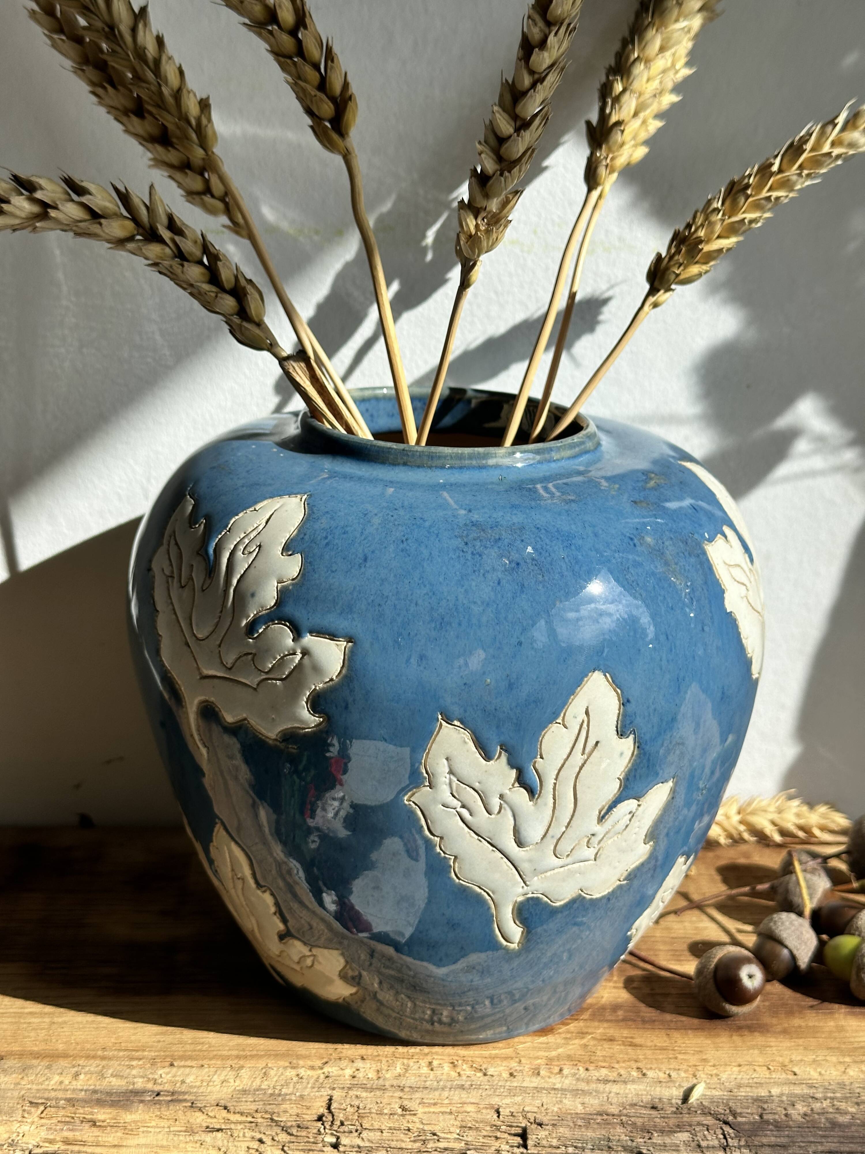 Magnificent Blue Glazed Ceramic Vase with White Plane Tree Leaves Decor