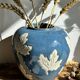 Magnificent Blue Glazed Ceramic Vase with White Plane Tree Leaves Decor