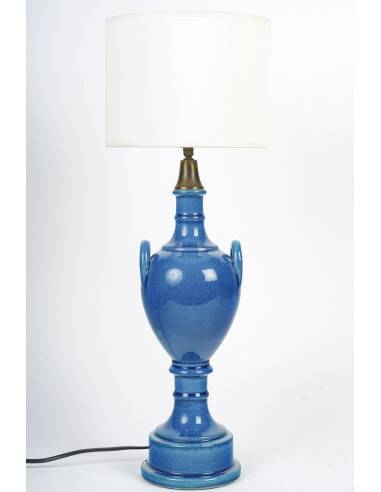 Pair of table lamps by Pol Chambost (1906-1983), blue glazed earthenware.