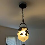 Antique glass and wrought iron pendant light with ivy decor Art Deco chandelier globe