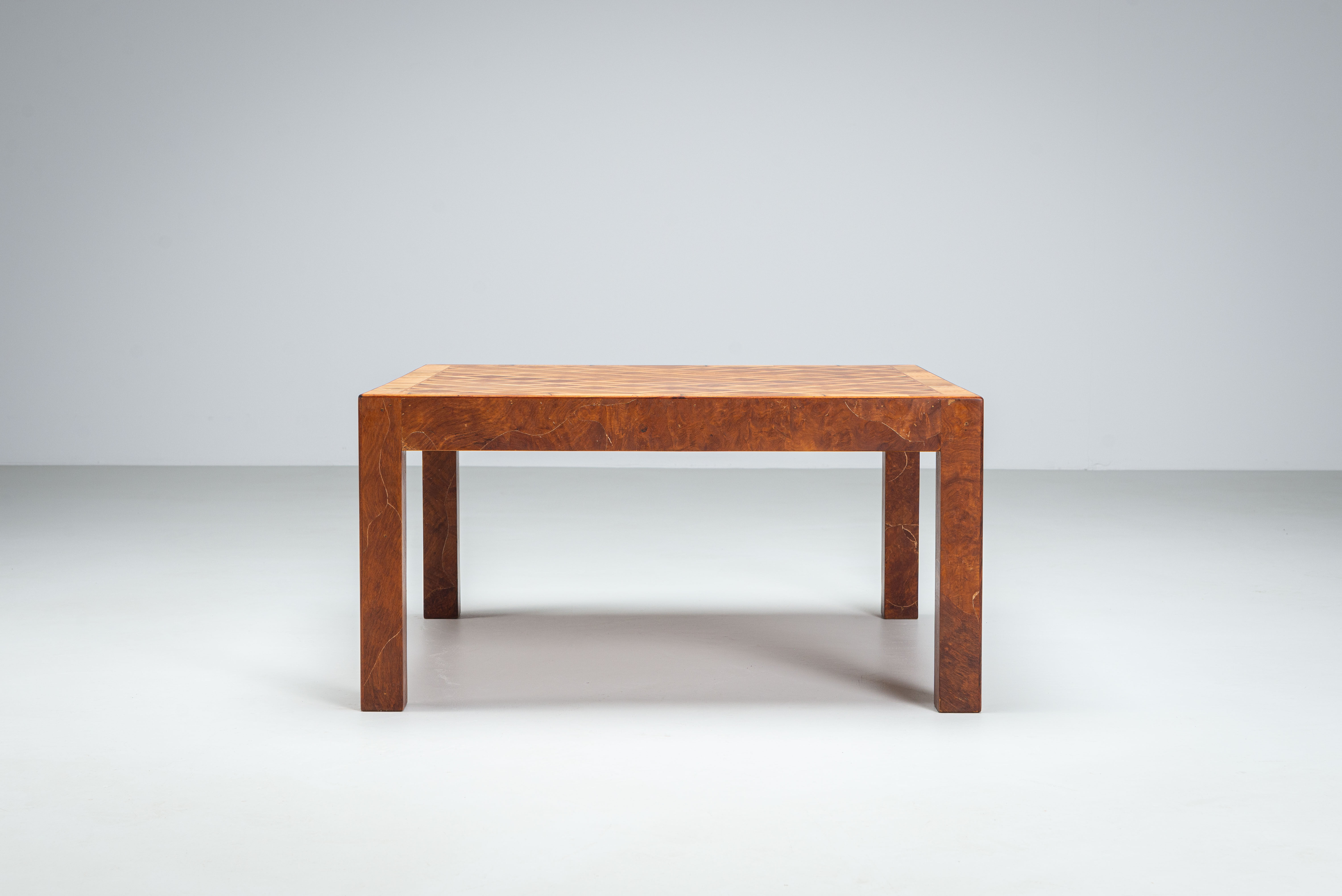 Square Italian coffee table with burl wood and inlaid parquetry top