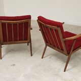 Pair of burgundy boomerang armchairs Antonin Suman Ton Bystrice (Thonet)