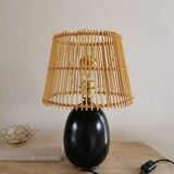 Lampe de table en bois d'ébène et rotin