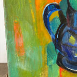 Bouquet of flowers in a blue vase, knife technique.