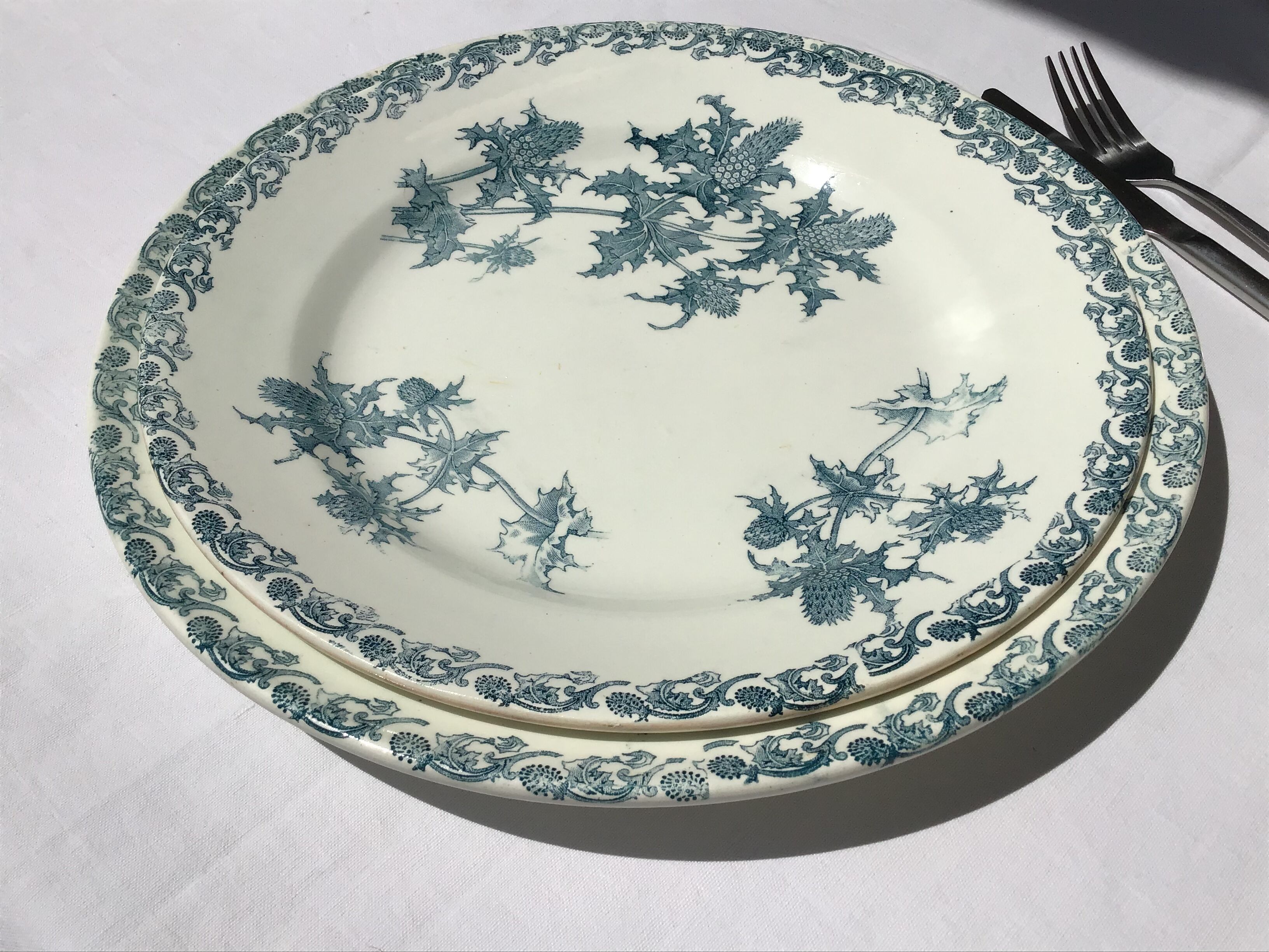Iron Earth dishes thistle 29 and 32cm L.G Righi blue ink