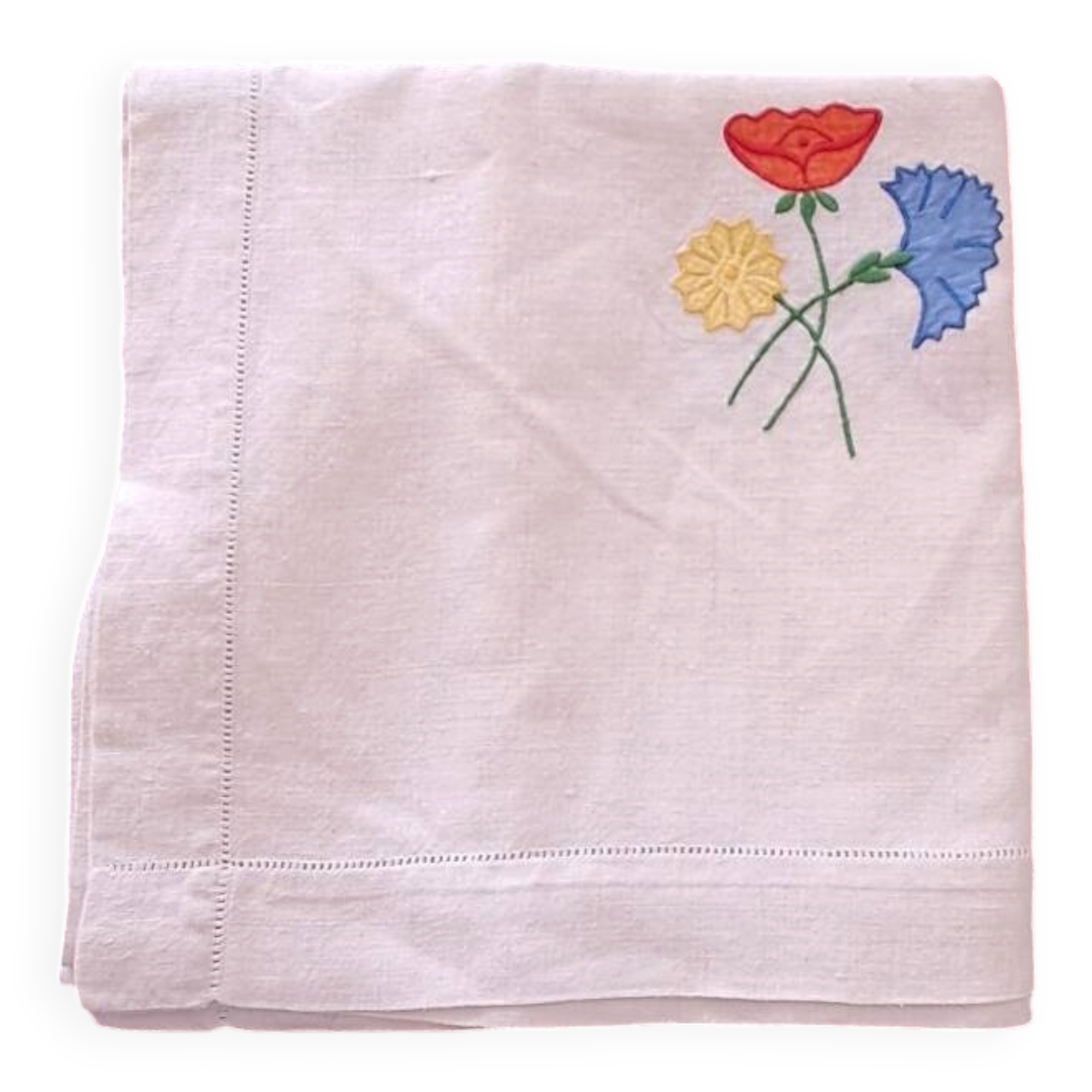 Vintage square linen tablecloth hand-embroidered with floral patterns — 1950s/60s