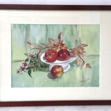 Watercolor painting apples elderflowers