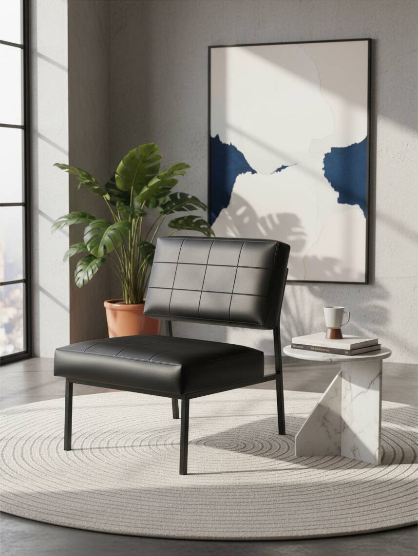 Modernist armchair in black faux leather and metal – 1960s