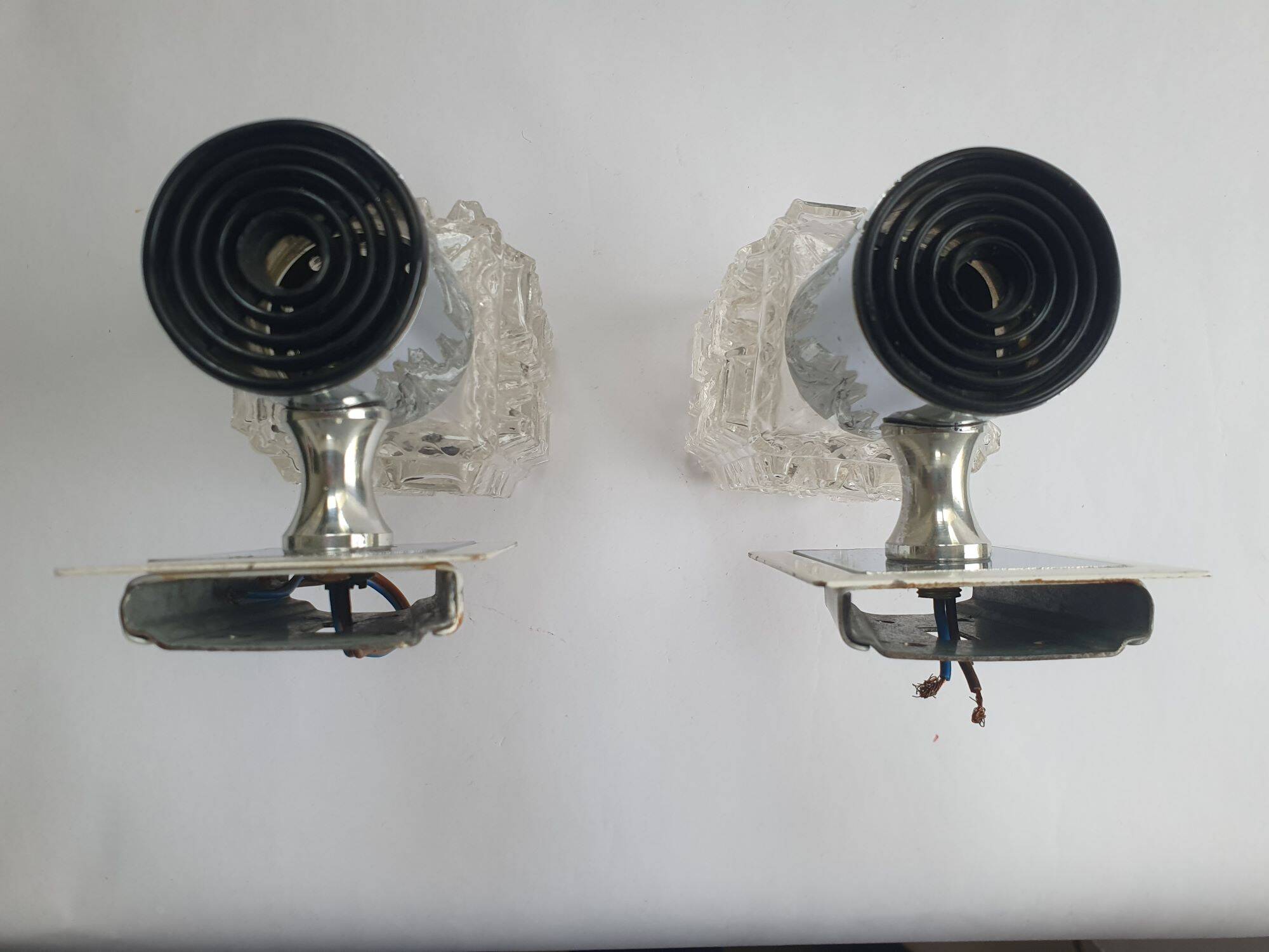 Pair of vintage chrome wall lights with square globes, Italian Targetti, 1970