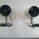 Pair of vintage chrome wall lights with square globes, Italian Targetti 1970.