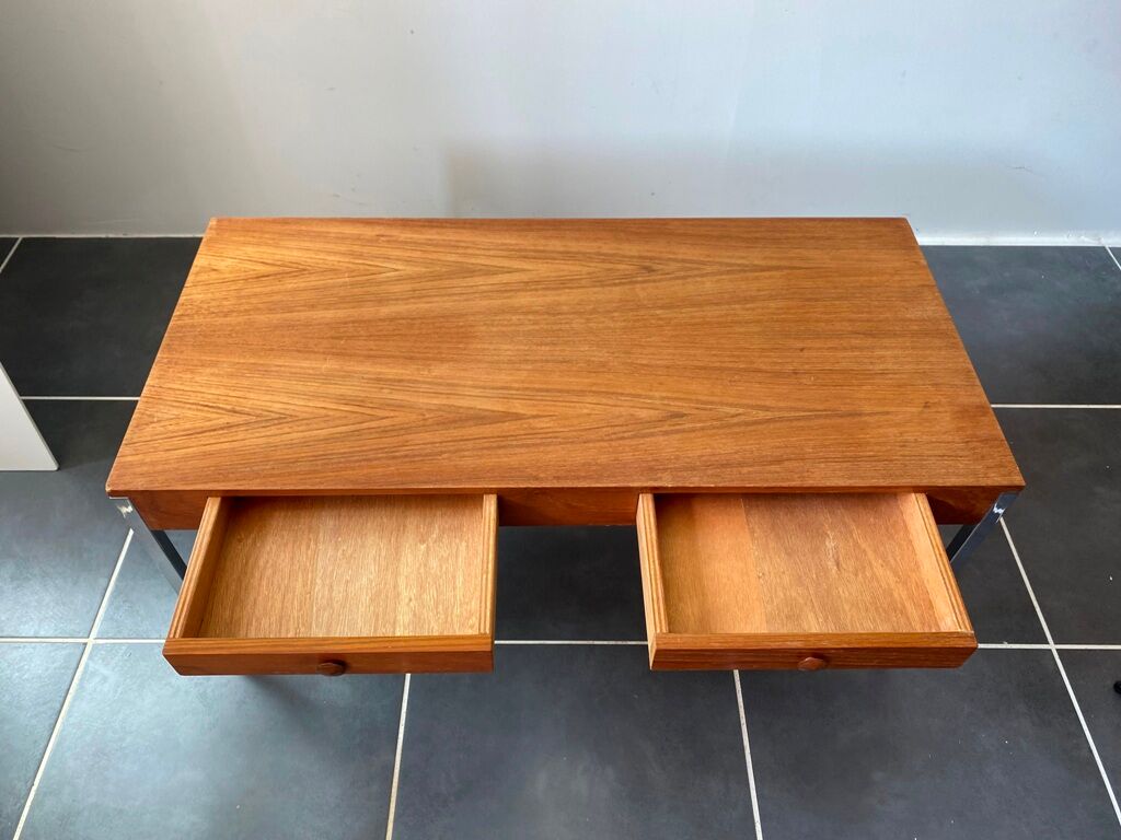 Table basse teck scandinave pieds chromés vintage 1960