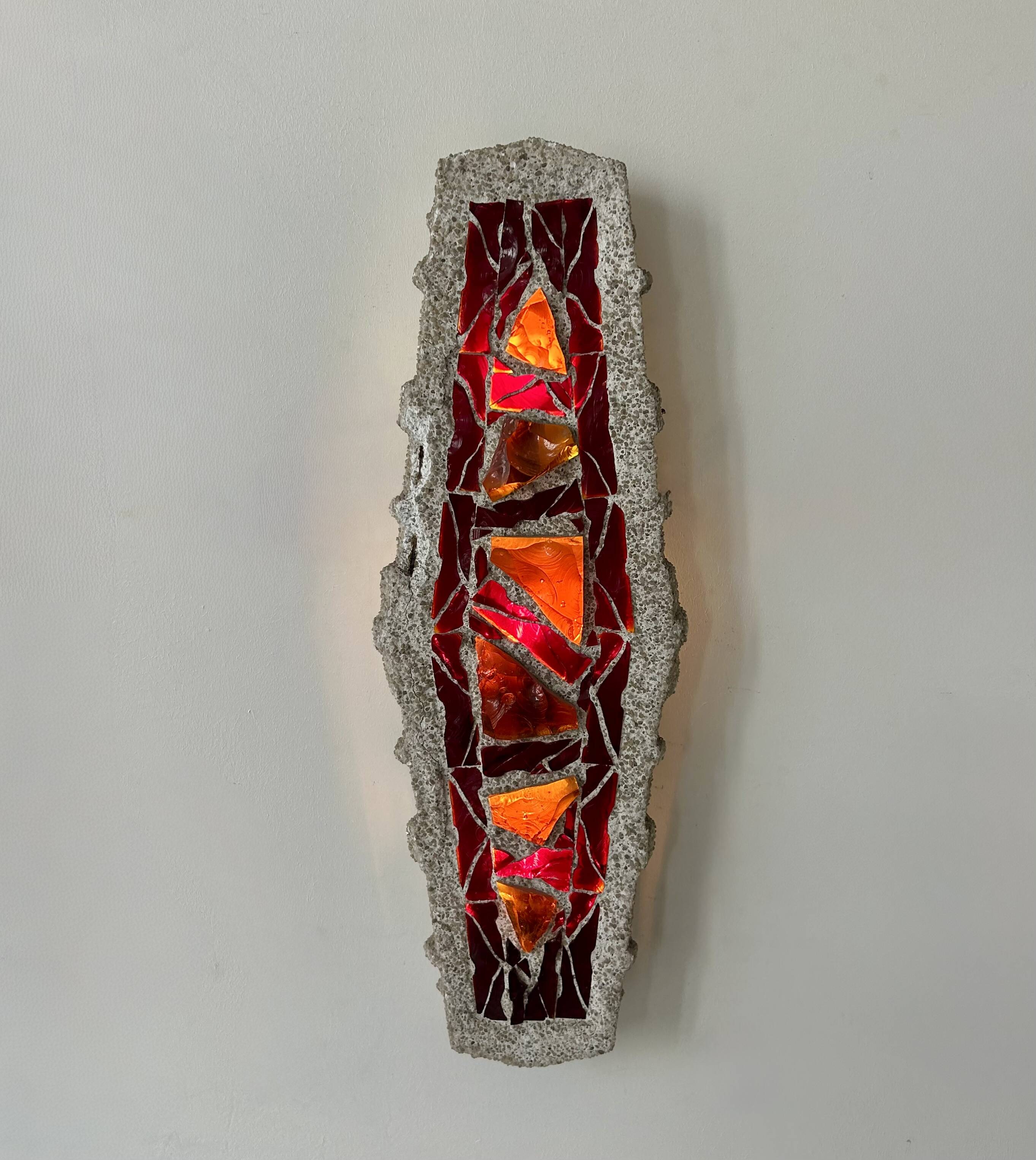 XL "stained glass" wall sconce, glass and cement, Sweden 1950