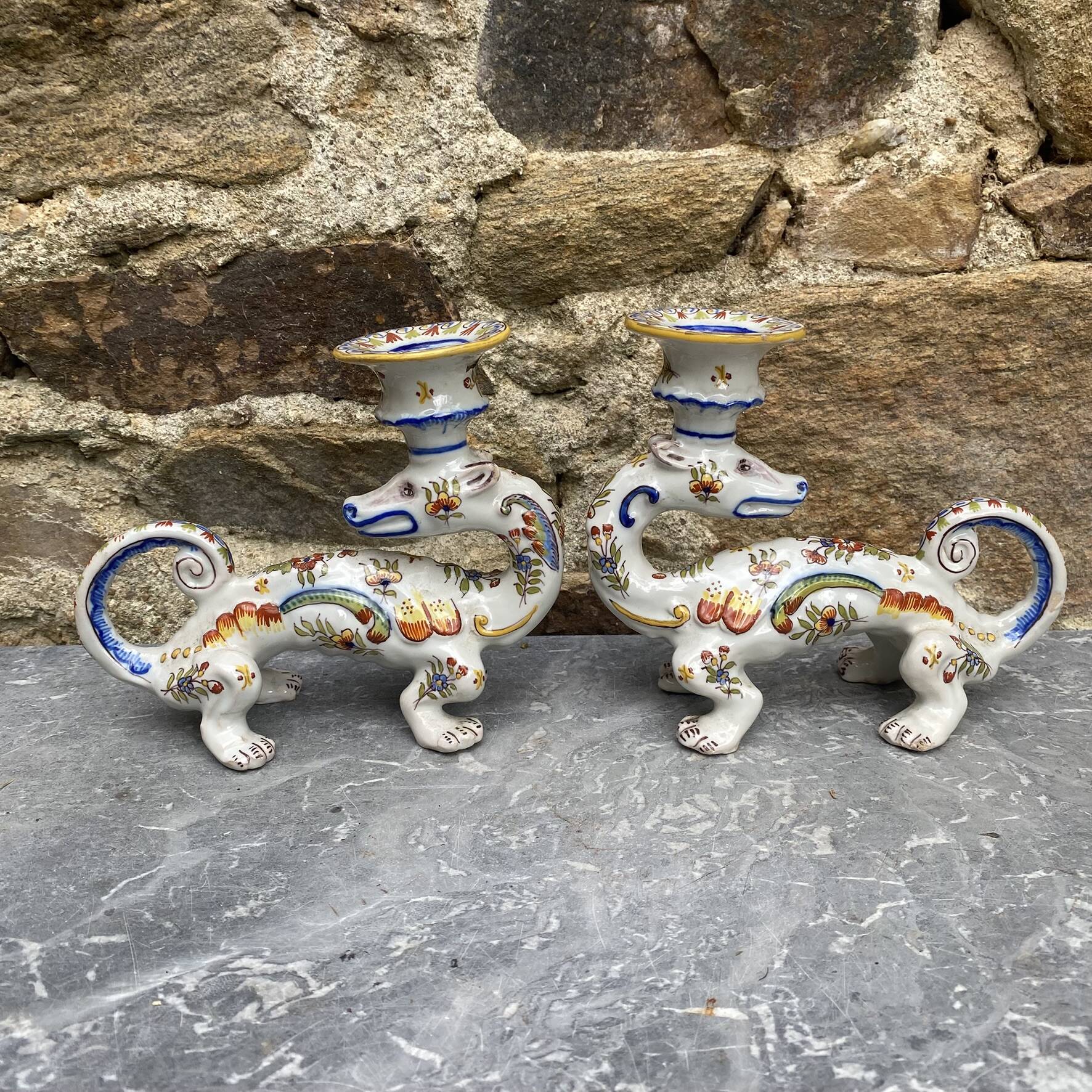 Pair of dragon candlesticks in Desvres earthenware, Rouen