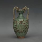 Antique Celadon Porcelain Vase with Floral Design, Ming Dynasty Vintage Vase