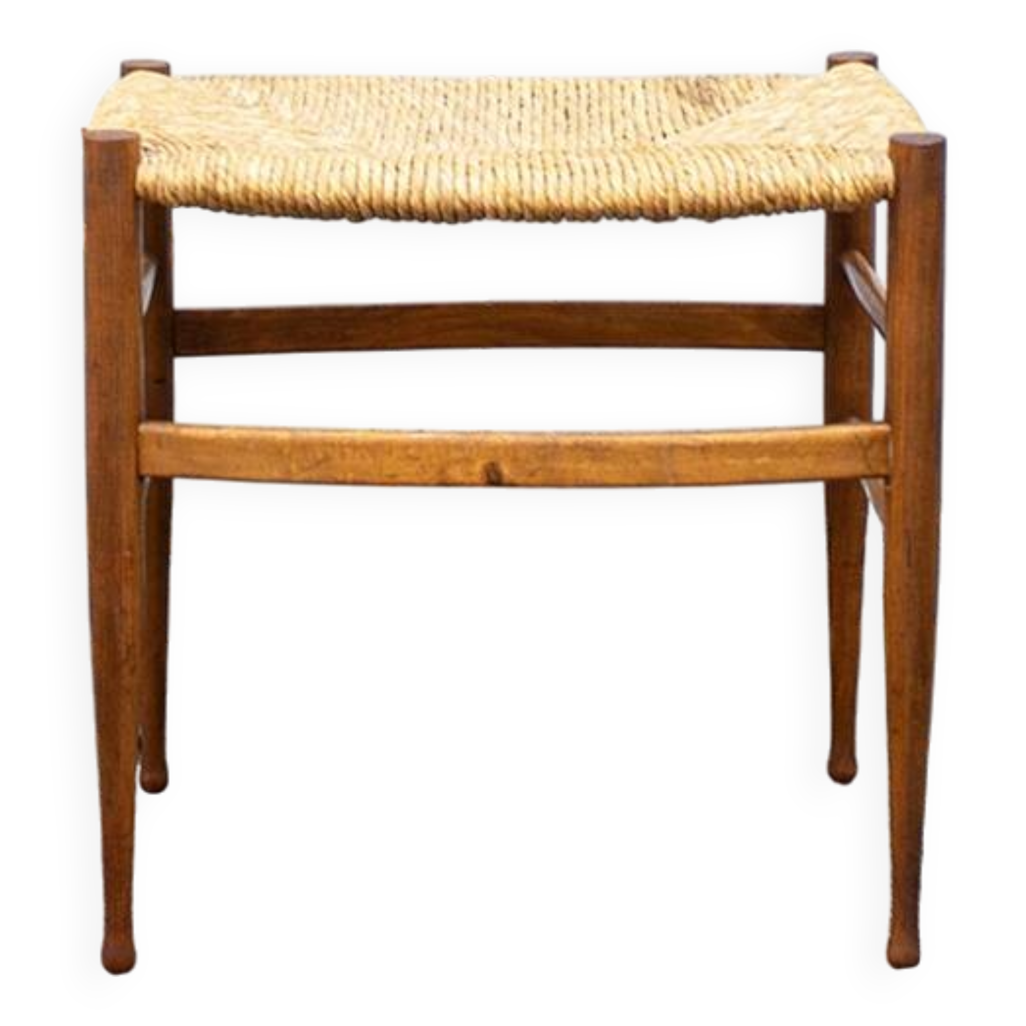 Sgabello in legno e paglia vintage italiano Anni '70