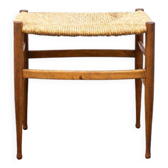 Sgabello en legno e paglia vintage italien Anni '70