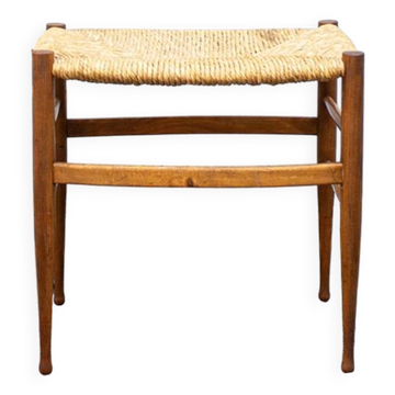 Sgabello in legno e paglia vintage italiano Anni '70