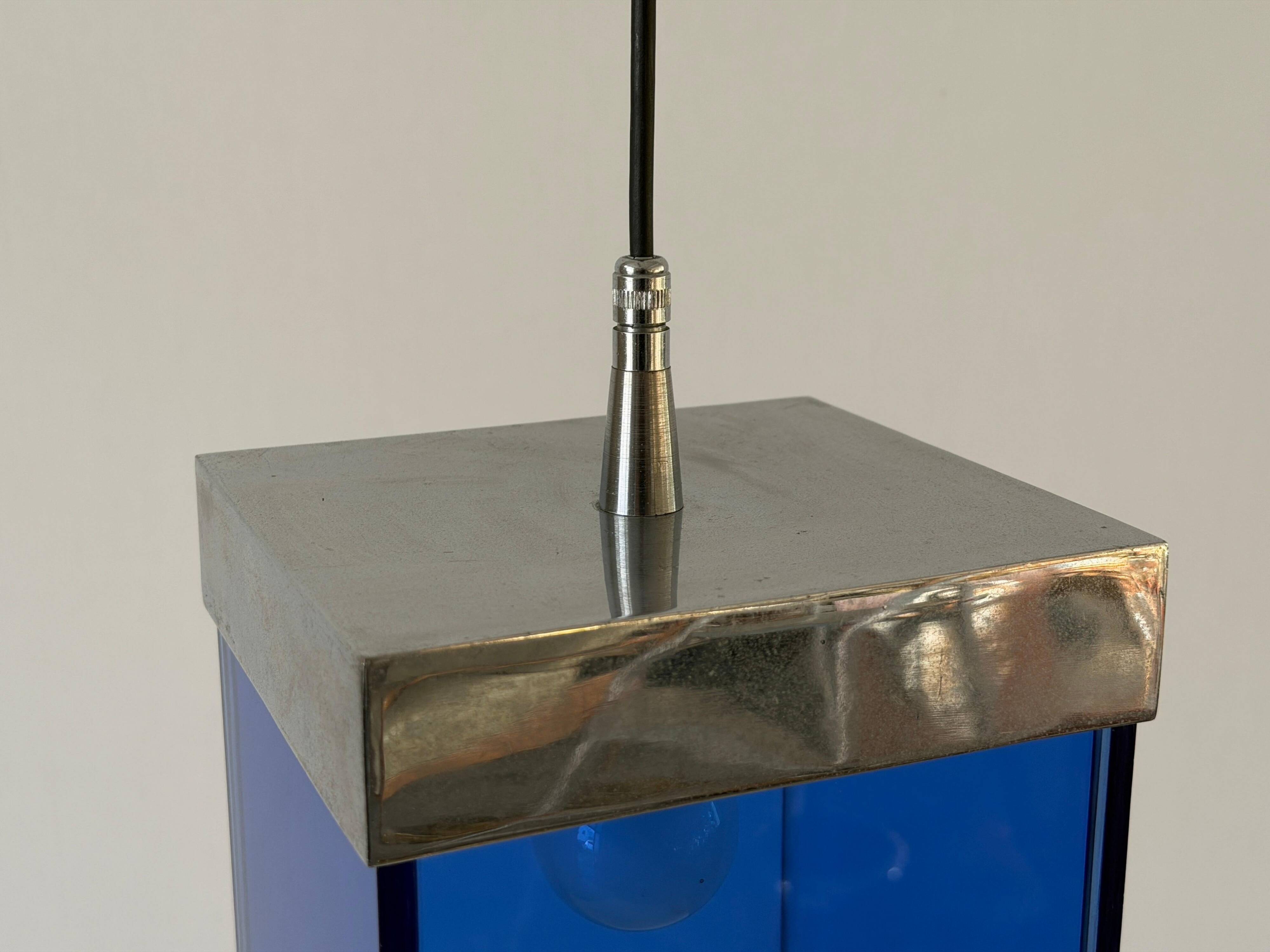 Art Deco ceiling light in blue glass and chrome, 1950s, Italy