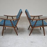Pair of blue boomerang armchairs by Antonin Suman for Ton (Thonet) 1960
