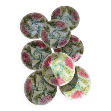 Rare Set of 16 Art Nouveau Chrysanthemum Barbotine Plates, Onnaing