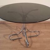 Table basse italienne du milieu du siècle en chrome et acier avec plateau rond en verre fumé, années 1960